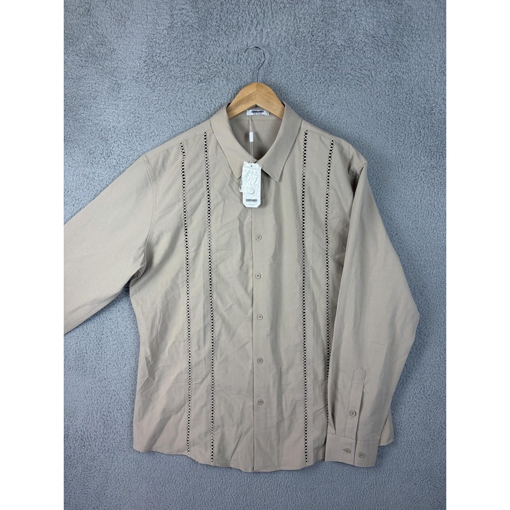 Coofandy Shirt Mens Large Beige Solid Long Sleeve Button Front Crochet Stretch